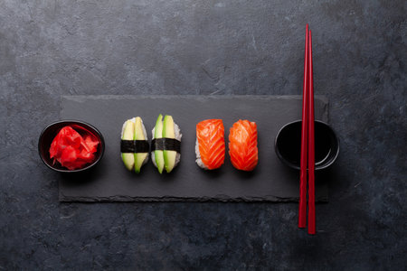 Japanese sushi set. Top view flat lay with copy spaceの写真素材