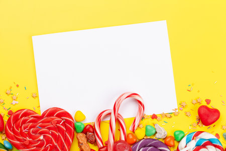 Various sweets assortment. Candy, bonbon and lollipop on yellow background. Top view flat lay with copy spaceの写真素材