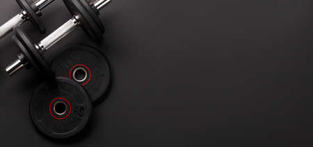 Dumbbells. Sport, fitness and healthy lifestyle background. Top view flat lay with copy spaceの写真素材