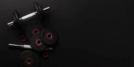 Dumbbells. Sport, fitness and healthy lifestyle background. Top view flat lay with copy spaceの写真素材