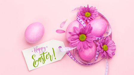 Easter greeting card with colorful easter eggs and flowers. Top view flat lay with space for your...