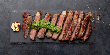 Sliced beef steak with sauce. On stone board. Top view flat layの写真素材
