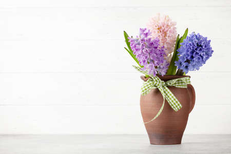 Hyacinth flowers bouquet. Easter greeting card template. With space for your greetingsの写真素材