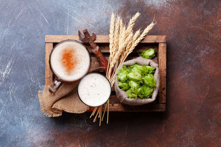 Lager beer mug, hops and wheat on old stone table. Top view flat lay