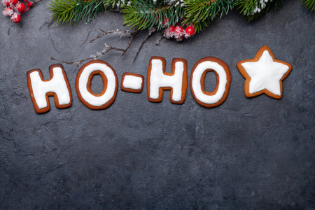 Christmas greeting card with homemade gingerbread HO-HO text and fir tree. Top view flat lay with space for your greetingsの写真素材