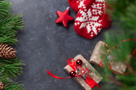Christmas gift boxes with craft decor. Top view flat lay with copy space