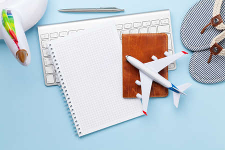 Travel and vacation concept. Trip accessories and items. Top view flat lay with copy spaceの写真素材