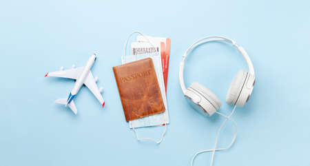 Travel and vacation concept. Trip accessories and items. Top view flat lay