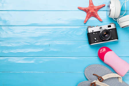 Travel and vacation concept. Trip accessories and items. Top view flat lay with copy space