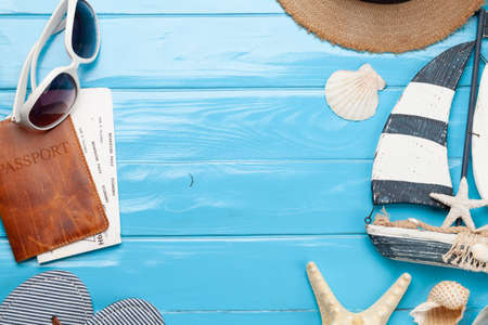 Travel and vacation concept. Trip accessories and items. Top view flat lay with copy spaceの写真素材