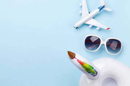 Travel and vacation concept. Trip accessories and items. Top view flat lay with copy spaceの写真素材