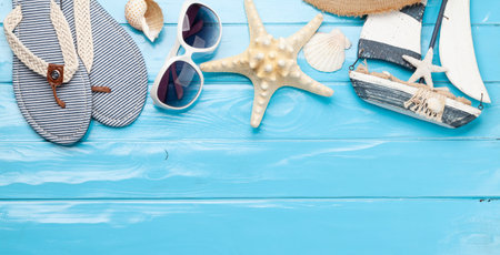 Travel and vacation concept. Trip accessories and items. Top view flat lay with copy space