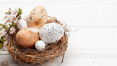Easter eggs in nest and cherry blossom. Spring greeting card with copy space
