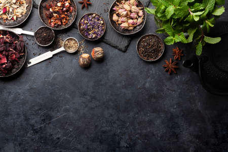 Various dried and tea pot. Top view flat lay with copy spaceの写真素材