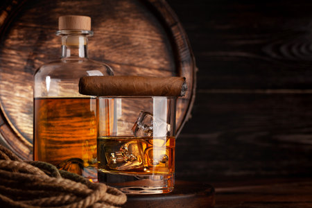 Glass and bottle with cognac, whiskey or golden rum. In front of old wooden barrel with copy spaceの写真素材