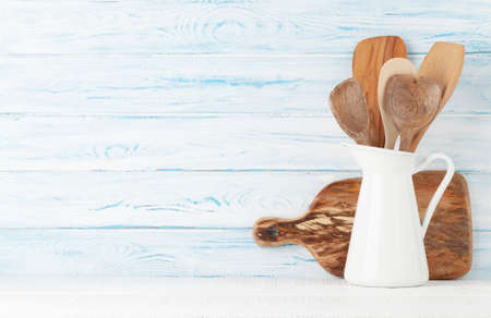 Cooking utensils on kitchen table. With copy spaceの写真素材