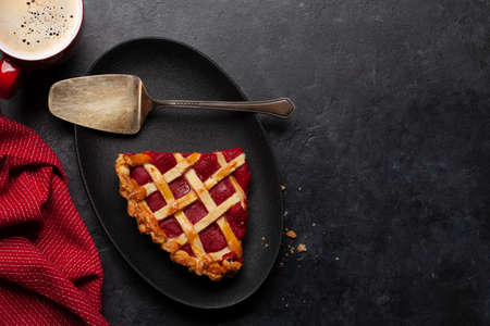 Sweet raspberry and strawberry jam cake. Top view flat lay with copy space