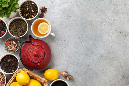 Various dried and tea pot. Top view flat lay with copy spaceの写真素材