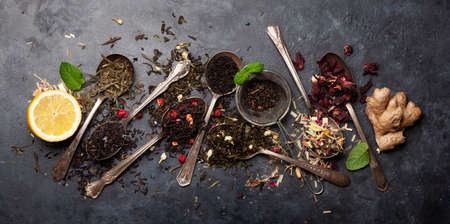 Various tea dried in spoons. Top view flat lay with space for your textの写真素材