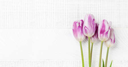 Colorful tulip bouquet on wooden table. Flat lay with copy spaceの写真素材