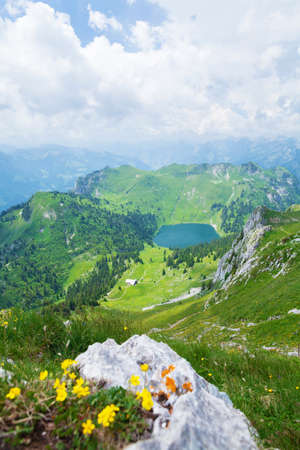 Panoramic view of lake, green alpine blooming meadows and the Alps mountains in Switzerlandの写真素材