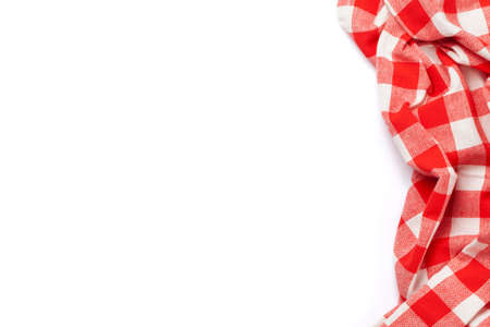 Kitchen tablecloth. Cooking towel isolated on white background. Top view flat lay with copy spaceの写真素材