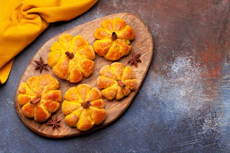 Homemade pumpkin look muffins. Top view flat lay with copy spaceの写真素材