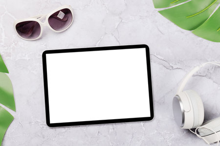 Tablet with blank screen. Flat lay with copy spaceの写真素材