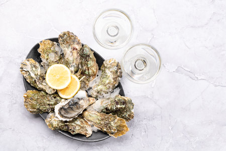 Fresh oysters with glasses of sparkling wine. Flat lay with copy spaceの写真素材