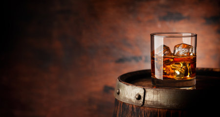 Glass of whiskey with ice cubes on the old barrel. With copy space on wooden backgroundの写真素材