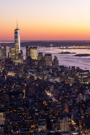 New York city skyline. Manhattan sunset skyscrapers panorama