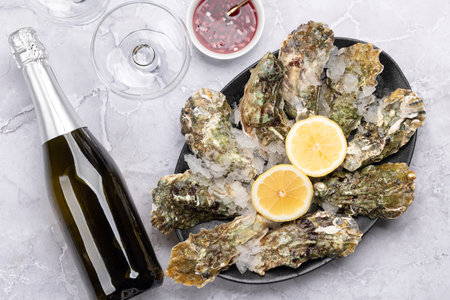Fresh oysters with glasses of sparkling wine. flat layの写真素材