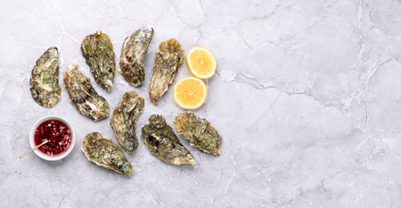 Fresh oysters with lemons. Flat lay with copy spaceの写真素材