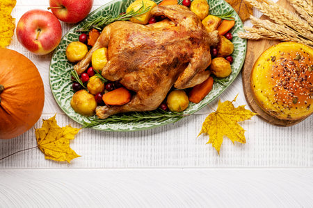 Thanksgiving turkey and pumpkin bread on rustic table with copy space. flat layの写真素材