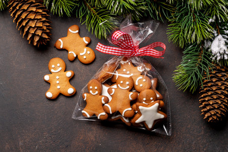 Gingerbread man cookies in gift package. Christmas holiday cardの写真素材