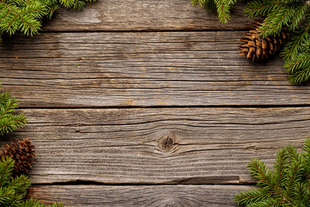 Christmas Fir tree branches and pine cones on wooden background. Flat lay with space for greetingsの写真素材
