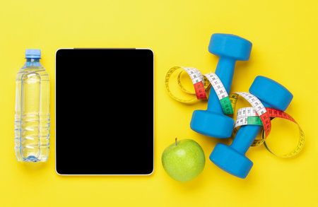 Fitness and healthy diet concept. Flat lay with tablet for your fitness plan or diet menuの写真素材