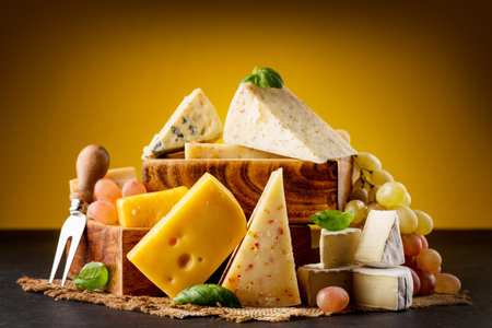Various cheese, grape and basil leaves