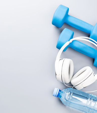 Fitness, training and healthy food, diet concept with copy space. flat layの写真素材