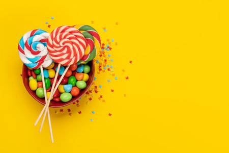 Various candy sweets on yellow background and copy space for your text. flat layの写真素材
