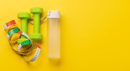 Healthy lifestyle, sport and diet concept. Dumbbells and healthy drink. With space for your textの写真素材