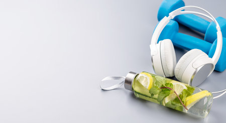 Healthy lifestyle, sport and diet concept. Dumbbells, headphones and healthy drink. With space for your textの写真素材