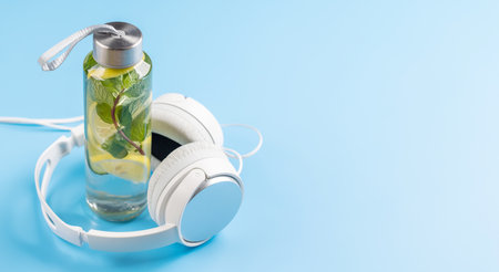 Healthy lifestyle, sport and diet concept. Headphones and tonic lemonade. With space for your textの写真素材