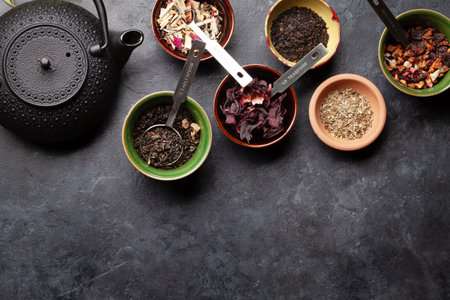 Various dried and tea pot. Top view flat lay with copy spaceの写真素材