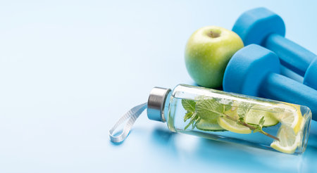 Healthy lifestyle, sport and diet concept. Dumbbells and healthy food. With space for your textの写真素材