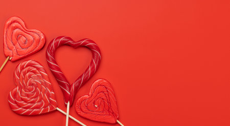 Candy sweets and copy space for your greetings. Valentines day candy hearts. flat layの写真素材