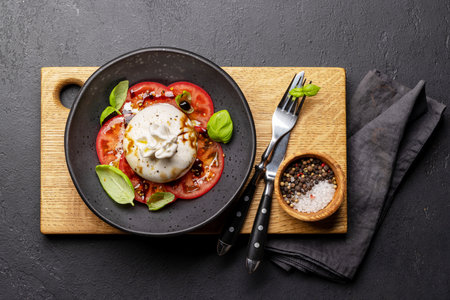 Antipasto with burrata cheese, tomatoes and basil. Italian food. flat layの写真素材