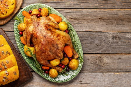 Thanksgiving turkey and pumpkin bread on rustic table with copy space. flat layの写真素材