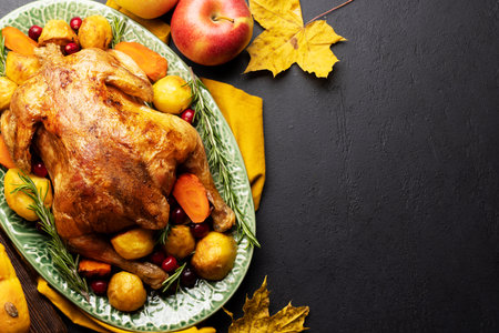 Thanksgiving turkey on rustic table with copy space. flat layの写真素材