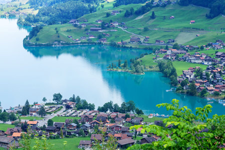 Panoramic view of lake, countryside, green alpine meadows and the Alps mountains in Switzerlandの写真素材